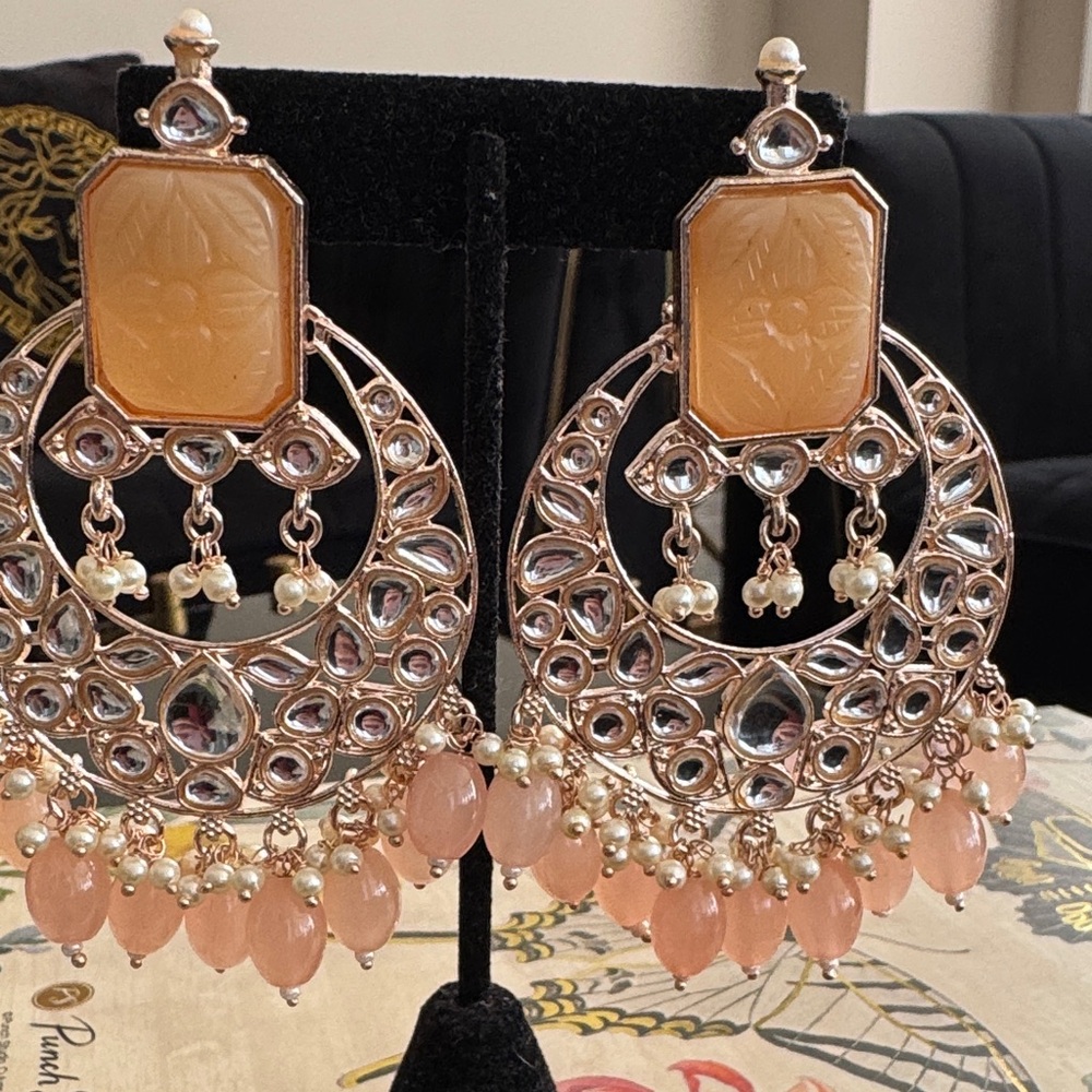 Elegant Peach and Gold Chandelier Earrings